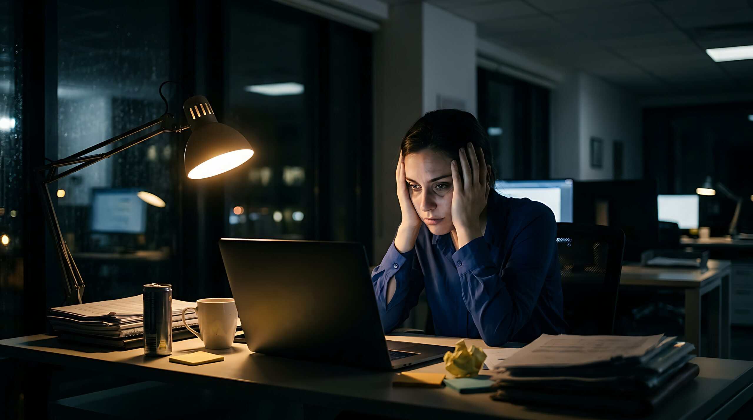 Employee working late at night in an office while experiencing fatigue and workplace stress.