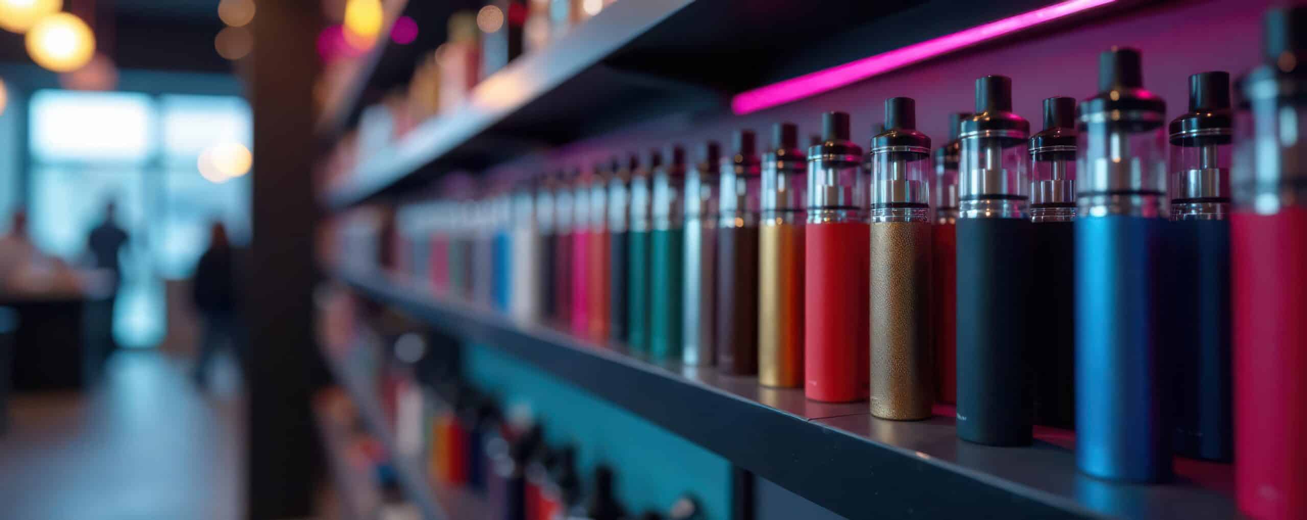 Vaping products displayed on shelves inside a vape shop.